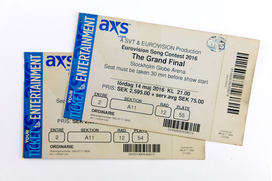 Stockholm, 2016. Tickets for the Eurovision Song Contest Grand Final at the Globe Arena on May 14, 2016. Official printed admission tickets issued by AXS for the live television event.