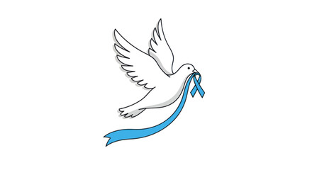 White Dove Flying with Blue Ribbon in Beak Symbol of Peace and Hope.