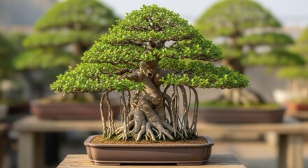 Exotic Banyan Bonsai Tree with Aerial Roots Cultivated in a Ceramic Pot