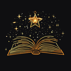 Open magic book vector on a dark festive background, magical illustration, fantasy theme