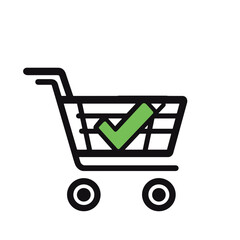 Vector outline shopping cart icon with green check mark, clean and simple