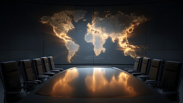 Modern Conference Room with Glowing World Map - Ideal for Global Business & Technology Concepts