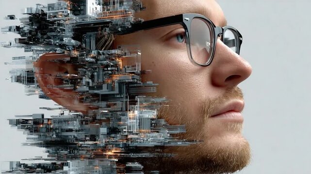 Mind-Machine Interface: A man with glasses, his image interwoven with intricate digital data, symbolizing the convergence of human intellect and advanced technology.