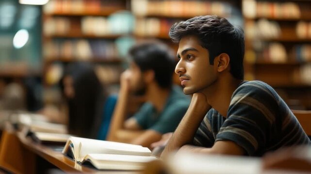 Student's Contemplation: Capturing a pensive moment, a student is lost in thought while studying in a library, surrounded by the ambiance of knowledge and reflection.
