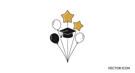 Graduation Cap with Balloons and Stars Celebration Icon.