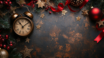 Top view of New Year and Christmas mix decor with clock, ribbons, and stars, celebration concept