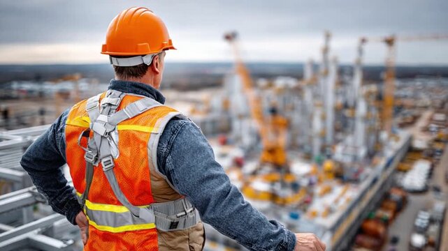 Builder's Vision: An architect or builder oversees a construction site, observing the vast machinery and intricate infrastructure with an air of dedication and responsibility.