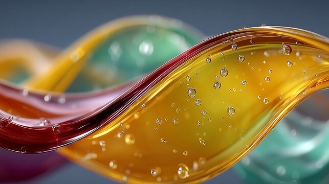 Abstract swirling fluid with colorful layers and numerous clear bubbles.