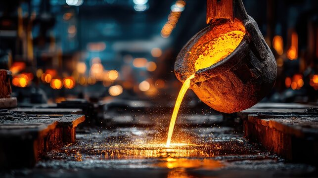 Molten Metal Pouring from Casting Pot in Industrial Foundry with Sparkling Glow and Dark Background - Powered by Adobe