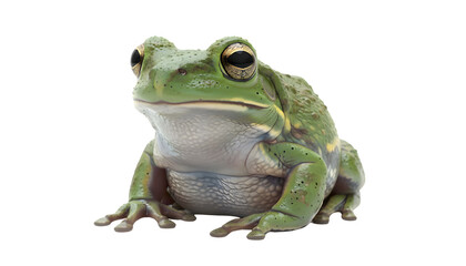 Fototapeta premium Vibrant green frog, an alert amphibian from natural ecosystems, captured in a detailed studio portrait on a clean white background, highlighting its unique skin and bright eyes