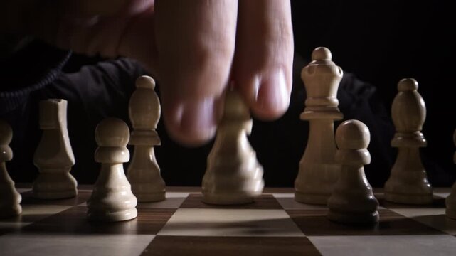 Dramatic Footage of Chessboard and Moving Pieces Making First Move Expressing Intelligence, Creative Thinking, Long-Term Planning, Mental Focus, and the Silent Battle of Strategy on a Dark Minimalist