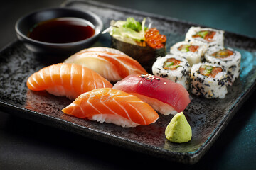 Japanese sushi ceramic plate salmon nigiri tuna nigiri maki rolls wasabi soy sauce realistic food photography