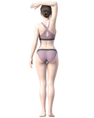 脱毛施術部位 腕を上げた日本人女性の3Dモデルの女性のイラスト 全身後ろ 背中