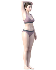 脱毛施術部位 腕を上げた日本人女性の3Dモデルの女性のイラスト 全身ななめ右横向き