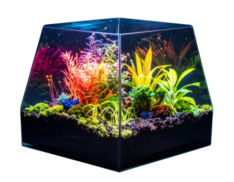 Angled Side View of Floating Neon Plant Terrarium with Suspended Glowing Particles, Isolated on Transparent Background