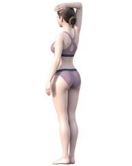 脱毛施術部位 腕を上げた日本人女性の3Dモデルの女性のイラスト 全身ななめ後ろ
