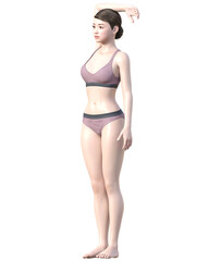 脱毛施術部位 腕を上げた日本人女性の3Dモデルの女性のイラスト 全身ななめ左横向き