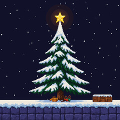 Pixelated Christmas scene featuring a snow-covered tree, gifts, and starry night.