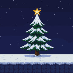 Pixelated Christmas tree with star topper, covered in snow, against a starry night.