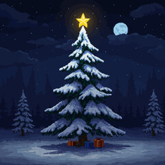 Pixel art Christmas tree covered in snow, topped with a star, with presents underneath, set against a moonlit night sky.