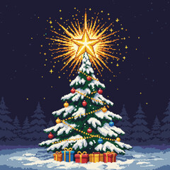 A pixelated Christmas tree adorned with ornaments and a radiant star topper, surrounded by gifts in a snowy landscape.