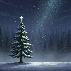 A snow-covered Christmas tree with a star ornament under a starry night sky.