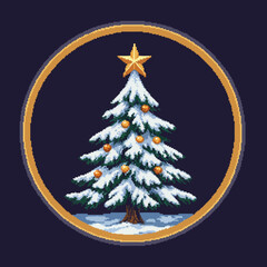 A pixelated Christmas tree with snow, ornaments, and a golden star.
