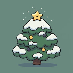 Cartoon Christmas tree with snow, ornaments, and a star with a sad face on top.