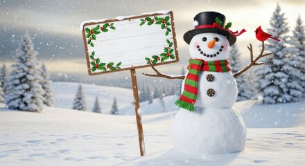 A cheerful snowman stands proudly beside a blank sign in a snowy winter landscape.