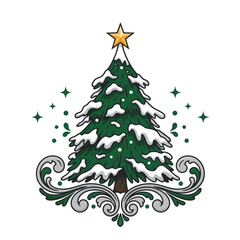 A festive illustration of a decorated Christmas tree with snow and a golden star.