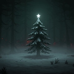 A snow-covered Christmas tree stands illuminated in a dark, foggy forest, topped with a glowing star.