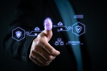 Biometric fingerprint authentication for secure digital access and data protection. Innovative cybersecurity concept for cloud storage, encryption identity verification.