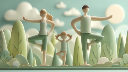 A family practicing yoga poses outdoors in a serene, stylized natural setting.