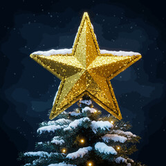 A golden star ornament decorates a snow-covered Christmas tree against a dark, starry background.