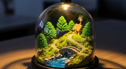 Miniature landscape inside a glass dome with a house, trees, path, bridge, and stream, illuminated by a light.