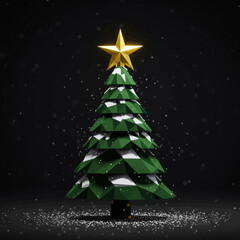 Low poly Christmas tree with a golden star on top, dusted with snow against a dark background.