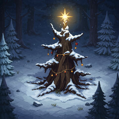 A decorated Christmas tree glows brightly in a snowy forest scene at night.