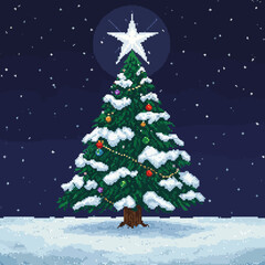 Pixel art Christmas tree with a star on top, decorated with ornaments and snow, on a snowy ground under a starry night.
