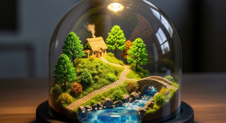 Miniature landscape with a cottage, trees, path, and river under a glass dome, illuminated from above.