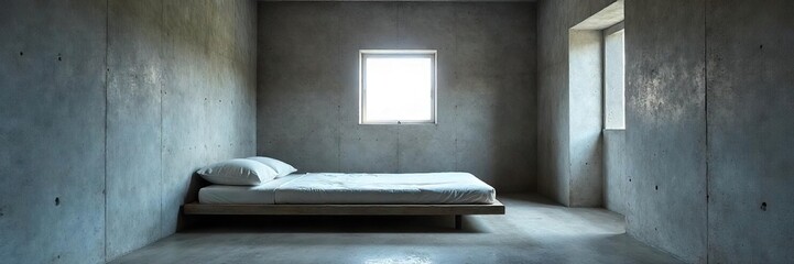 Stark Minimalist Bedroom Concrete Walls, Small Window, Feeling of Isolation and Confinement.  A single thin mattress rests on the bare floor in this small, sparsely furnished room.