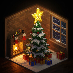 Cozy voxel Christmas scene featuring a decorated tree, fireplace, and gifts.