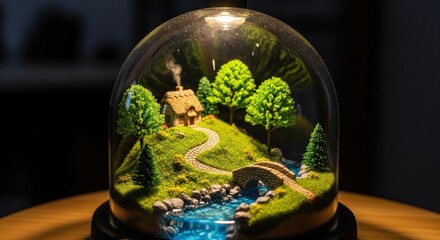 Miniature landscape scene inside a glass dome, featuring a charming cottage.