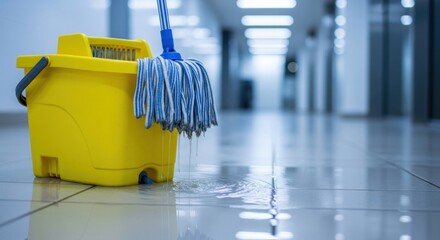A yellow bucket and mop sit on a wet, tiled floor in a long, empty hallway.