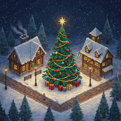 A pixel art Christmas scene with a decorated tree in a snowy village square, flanked by illuminated houses.