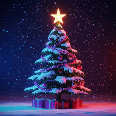 A decorated Christmas tree with ornaments, gifts, and a star, in a snowy scene.