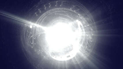 Blinding white energy explosion with intense radiant glow and swirling light particles, symbolizing power, fusion, and digital brilliance