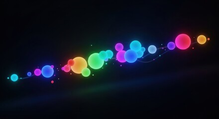 A vibrant cluster of glowing, colorful spheres arranged in a dynamic, flowing pattern against a dark background.