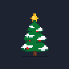 Pixel art illustration of a Christmas tree with a star, red ornaments, and white snow on a dark background.