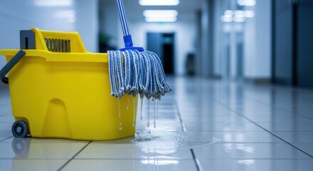 A yellow bucket and mop cleaning a tiled floor in a hallway.