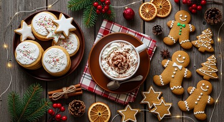 cozy christmas flat lay with hot cocoa and gingerbread cookies